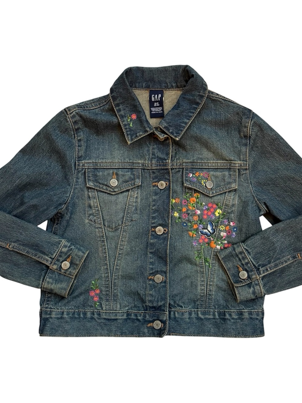 Vintage GAP Girls Denim Jean Jacket Embroidered Flowers Butterfly Size S